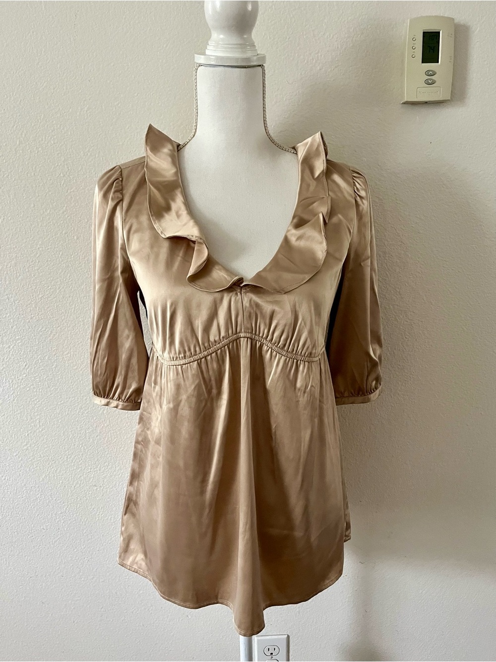 Silky Ruffle V-Neck Tunic Top - Champagne